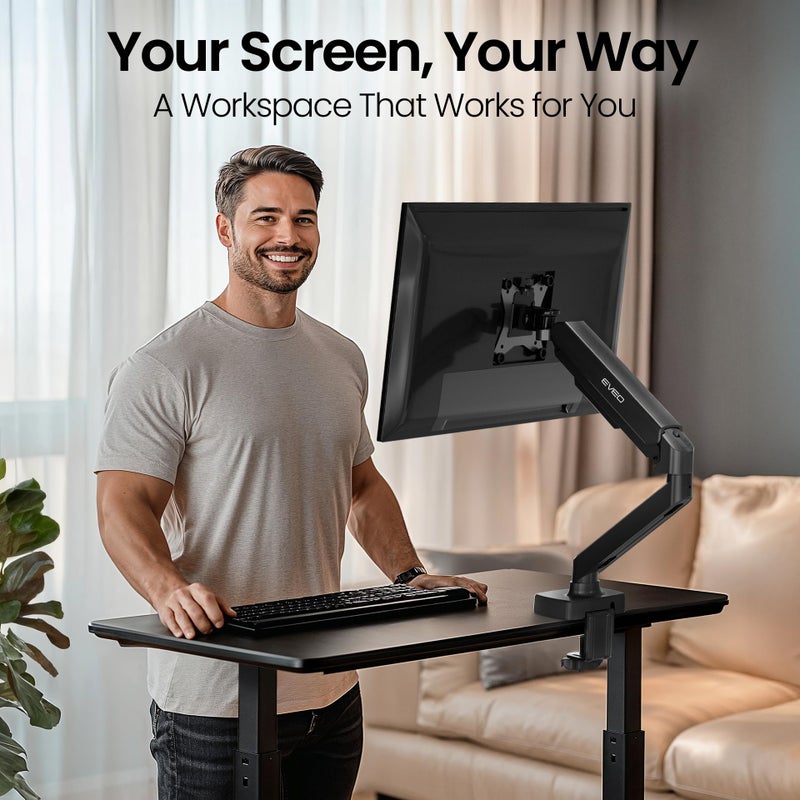 EVEO Premium Single Monitor Arm 14"â€“34", Adjustable Gas Spring Monitor Mount, Single Arm Desk Mount for 34 Inch Computer Screens, VESA Compatible Stand with Clamp and Grommet Base â€“ Black - Image 2